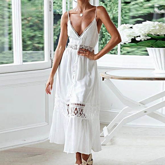 Elegant White Maxi Dress with Lace Details boho - Picture 4 of 10